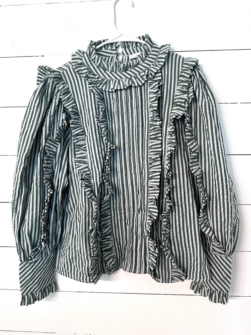 Karlie Green & White Striped Ruffle Long Sleeve Blouse
